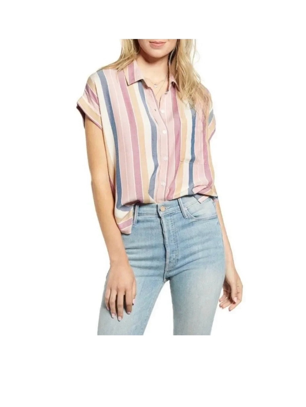 Rails Paradise Stripe Whitney Metallic Short Sleeve Button Up - Large
